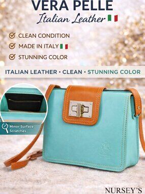 Vera Pelle Italian Leather Crossbody Bag Turquoise Tan Made in Italy